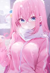 Rule 34 | 1girl, blue eyes, blush, bocchi the rock!, breasts, closed mouth, commentary request, cube hair ornament, deyui, gotoh hitori, hair between eyes, hair ornament, hand up, highres, jacket, light smile, long hair, long sleeves, looking at viewer, medium breasts, one side up, pink hair, pink jacket, puffy long sleeves, puffy sleeves, scarf, sleeves past wrists, snow, snowing, solo, upper body, very long hair, white scarf
