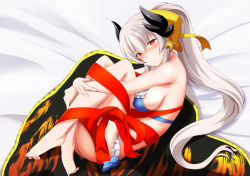 Rule 34 | 1girl, barefoot, bikini, blush, bol (liliymimi), breasts, fate/grand order, fate (series), feet, horns, hugging own legs, kiyohime (fate), kiyohime (fate/grand order), kiyohime (swimsuit lancer) (fate), kiyohime (swimsuit lancer) (third ascension) (fate), long hair, looking at viewer, ponytail, raised eyebrow, red eyes, ribbon, sideboob, silver hair, smile, solo, swimsuit, thighs, very long hair