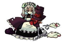 Rule 34 | 2girls, apron, bags under eyes, black nails, bleeding, blood, bloody marie (skullgirls), brooch, cyborg, dress, frilled apron, frills, grey hair, hair ornament, half-closed eyes, hat, highres, holding, jewelry, maid headdress, multiple girls, nail polish, orange hair, peacock (skullgirls), red eyes, skull hair ornament, skullgirls, smile, top hat, torn clothes, twintails, white background