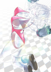 Rule 34 | 1girl, ankle boots, antenna hair, ass, blue footwear, boku no hero academia, boots, breasts, checkered floor, covered erect nipples, female focus, gloves, green gloves, hagakure tooru, highleg, highleg leotard, highres, jumping, leotard, looking at viewer, lower teeth only, medium breasts, medium hair, open mouth, outstretched arms, pink leotard, reaching, reaching towards viewer, rom no hito, shoe soles, sideboob, smile, solo, teeth, transparent, unusually visible, upper teeth only