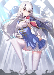 Rule 34 | 1girl, backlighting, blue cape, blue dress, blurry, blurry background, blush, breasts, brown eyes, cape, dress, melusine (fate), melusine (second ascension) (fate), fate/grand order, fate (series), feet, flower, forked eyebrows, frilled dress, frills, hair between eyes, hand on own hip, highres, lace, lace-trimmed legwear, lace trim, long hair, long sleeves, looking at viewer, no shoes, ririko (zhuoyandesailaer), sideboob, sidelocks, skindentation, small breasts, soles, solo, standing, thighhighs, very long hair, white flower, white hair, white thighhighs