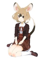 Rule 34 | 1girl, absurdres, animal ears, blush, bow, bowtie, brown eyes, brown footwear, brown hair, brown jacket, casual, collared shirt, frilled socks, frills, gambian rat (kemono friends), hair between eyes, highres, iwa (iwafish), jacket, kemono friends, kemono friends 3, light brown hair, loafers, looking at viewer, mouse ears, mouse girl, mouse tail, multicolored hair, official alternate costume, open clothes, open jacket, plaid, plaid skirt, red bow, red bowtie, red skirt, shirt, shoes, short hair, short sleeves, sidelocks, sitting, skirt, smile, socks, solo, tail, wariza, white hair, white shirt, white socks