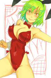 Rule 34 | 1girl, animal ears, bare legs, bare shoulders, blush, bow, bowtie, breasts, cleavage, detached collar, fake animal ears, female focus, green hair, hairband, kazami yuuka, large breasts, leotard, looking at viewer, playboy bunny, rabbit ears, red eyes, short hair, smile, solo, touhou, wrist cuffs, yuuji (and)