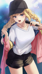 Rule 34 | 1girl, baseball cap, black hat, blonde hair, blue eyes, blue jacket, blunt bangs, braid, breasts, clenched hand, collarbone, hands up, hat, holding, holding microphone, jacket, long hair, looking at viewer, microphone, multicolored clothes, multicolored jacket, off shoulder, open mouth, paripi koumei, pink jacket, shirt, short shorts, shorts, simple background, solo, teeth, tsukimi eiko, twin braids, upper teeth only, white shirt, yamikyon, yellow jacket