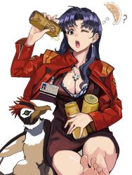 1girl ? beer_can breasts can cleavage cross cross_necklace drink_can dumpling food highres holding holding_can jacket jewelry katsuragi_misato necklace neon_genesis_evangelion open_clothes open_jacket red_jacket simple_background solo wani_(perfect_han) white_background