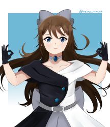 Rule 34 | 1girl, absurdres, aqua eyes, artist name, artist request, azure monarch, back bow, bare shoulders, belt, black dress, black gloves, black skirt, blue eyes, blush, bow, breasts, brown hair, buttons, choker, cleavage, collarbone, double ok sign, dress, drop earrings, earrings, female focus, floating hair, gloves, grey belt, grey bow, grey skirt, hair between eyes, hair bow, high ponytail, highres, jewelry, lace, lace gloves, long hair, looking at viewer, love live!, love live! nijigasaki high school idol club, love live! school idol festival, multicolored clothes, necklace, off-shoulder dress, off shoulder, ok sign, osaka shizuku, parted lips, ponytail, sidelocks, skirt, sleeveless, sleeveless dress, small breasts, smile, solitude rain (love live!), solo, two-tone dress, white bow, white dress, white skirt