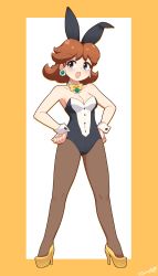 Rule 34 | 1girl, :d, alternate costume, animal ears, bare shoulders, blue eyes, bow, bowtie, breasts, brooch, brown hair, brown pantyhose, cleavage, collarbone, covered navel, detached collar, earrings, fake animal ears, flipped hair, flower earrings, full body, hands on own hips, high heels, highres, jewelry, legs, legs apart, leotard, looking away, looking to the side, mario (series), medium breasts, multicolored leotard, nintendo, open mouth, pantyhose, playboy bunny, princess daisy, rabbit ears, shoes, short hair, smile, solo, standing, strapless, strapless leotard, super mario land, takahashi umori, tomboy, two-tone leotard, white leotard, wrist cuffs, yellow bow, yellow bowtie, yellow footwear