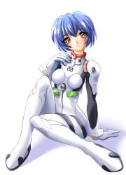 Rule 34 | 1girl, arm support, ayanami rei, blue hair, blush, bodysuit, bracer, breasts, daikobutu, eyebrows, full body, gloves, hair between eyes, hand on own chest, head tilt, headgear, knee up, looking at viewer, neon genesis evangelion, parted lips, pilot suit, plugsuit, red eyes, shadow, shiruko, short hair, simple background, sitting, small breasts, solo, turtleneck, white background