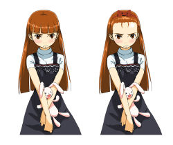 Rule 34 | 00s, 1girl, alternate costume, alternate hairstyle, bad id, bad pixiv id, blunt bangs, blush, brown eyes, brown hair, casual, chyko, comparison, forehead, frown, hugging doll, hugging object, idolmaster, idolmaster (classic), minase iori, rabbit, usa-chan, v arms, variations