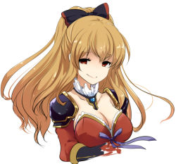 Rule 34 | 10s, 1girl, black bow, blonde hair, bow, breasts, cleavage, collarbone, empty eyes, female focus, granblue fantasy, hair bow, large breasts, long hair, negiko, no nose, ponytail, red eyes, shoulder pads, simple background, smile, solo, upper body, vira (granblue fantasy), white background