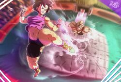 Rule 34 | 1boy, 1girl, absurdres, artist name, ass, audience, aura, bald, battle, battle damage, black hair, blurry, blurry background, boots, breasts, brown gloves, clenched hands, closed mouth, d-art, dragon ball, dragonball z, flying, gloves, highres, looking at another, medium breasts, muscular, muscular male, navel, pink shirt, shirt, short hair, shorts, sleeveless, sleeveless shirt, spopovich, tomboy, toned, torn clothes, videl