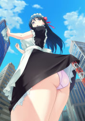 Rule 34 | 1girl, antennae, apron, ass, blue sky, building, city, cleaning, clothes lift, cloud, from below, giant, giantess, highres, maid, maid apron, maid headdress, open mouth, panties, ribbon, skirt, skirt lift, sky, solo, source request, teston, underwear, upskirt