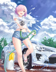 Rule 34 | 1girl, alternate costume, breasts, car, car wash, cloud, commentary, day, fate/grand order, fate (series), flip-flops, hair over one eye, light purple hair, looking at viewer, mash kyrielight, medium breasts, motor vehicle, navel, outdoors, pink hair, purple eyes, sandals, see-through, shirt, short hair, short shorts, short sleeves, shorts, skyrail, smile, solo, teeth, toyota 86, upper teeth only, water, wet, wet clothes, white shirt