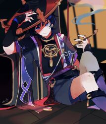 Rule 34 | 1boy, bishounen, cowboy shot, genshin impact, hand up, hat, highres, holding, holding smoking pipe, japanese clothes, jewelry, looking at viewer, male focus, mintfr3ak, necklace, purple eyes, purple hair, scaramouche (genshin impact), short hair, sitting, smoking pipe, solo