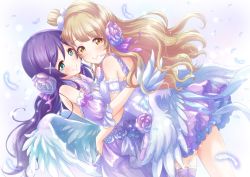 Rule 34 | 2girls, angel wings, bad id, bad pixiv id, blush, bow, bowtie, brown eyes, brown hair, commentary request, detached sleeves, dress, feathered wings, feathers, flower, green eyes, hair flower, hair ornament, hair ribbon, headset, hug, long hair, love live!, love live! school idol festival, love live! school idol project, minami kotori, multiple girls, one side up, purple dress, purple eyes, purple flower, purple ribbon, ribbon, smile, striped bow, striped bowtie, striped clothes, striped neckwear, tojo nozomi, twintails, wings, x hair ornament, yuri, yuuki (yukinko-02727)