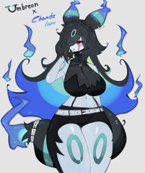 Rule 34 | absurdres, animal ears, belt, black hair, blue hair, breasts, chandelure, colored sclera, colored skin, creatures (company), ear piercing, face mask, fire, furry, furry female, game freak, gen 2 pokemon, gen 5 pokemon, ghost flame, grey skin, highres, large breasts, long hair, mask, midriff, multicolored eyes, multicolored hair, navel, nintendo, piercing, pokemon, pokemon (creature), purple eyes, purple fire, red eyes, tail, thick thighs, thighs, togetoge, umbreon, wide hips, yellow sclera