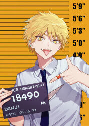 Rule 34 | 1boy, absurdres, bandaid, bandaid on hand, barbie mugshot (meme), black necktie, blonde hair, blue eyes, chainsaw man, commentary, denji (chainsaw man), ear piercing, height chart, highres, holding, holding sign, kiunchiku, male focus, meme, mugshot, multicolored eyes, necktie, piercing, pointing, sharp teeth, shirt, sign, sleeves rolled up, solo, teeth, tongue, tongue out, torn clothes, torn shirt, upper body, yellow eyes