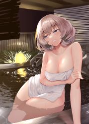 Rule 34 | 1girl, arm support, arm under breasts, bathing, blue eyes, blush, breasts, collarbone, dripping, grey hair, grin, hand up, head tilt, highres, holding own arm, large breasts, light, looking away, mole, mole on breast, naked towel, narushima kanna, night, onsen, original, refraction, see-through, shiny skin, signature, smile, solo, thighs, towel, wading, water, wet, wet towel, white towel, wide hips