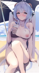Rule 34 | 1girl, ahoge, artist name, beach, bikini, black bikini, blue hair, blush, breast slip, breasts, bubble tea, closed mouth, collarbone, commentary request, cup, dermar, drinking straw, ganyu (genshin impact), genshin impact, goat horns, heart, heart-shaped pupils, highres, holding, holding cup, horns, large breasts, long hair, looking at viewer, nipples, ocean, outdoors, parasol, purple eyes, smile, solo, swimsuit, symbol-shaped pupils, umbrella