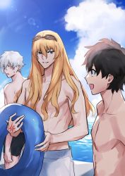 Rule 34 | 3boys, alternate costume, aqua eyes, black hair, black shorts, blonde hair, blue eyes, blue innertube, blue sky, collarbone, command spell, commentary request, day, ear piercing, fate/grand order, fate (series), fujimaru ritsuka (male), goggles, goggles on head, hair between eyes, highres, holding, holding swim ring, innertube, kadoc zemlupus, kirschtaria wodime, long hair, looking at another, male focus, multiple boys, open mouth, outdoors, piercing, sabamori, short hair, shorts, sky, smile, sunlight, sweatdrop, swim ring, teeth, topless male, water, white hair, white shorts, yellow eyes
