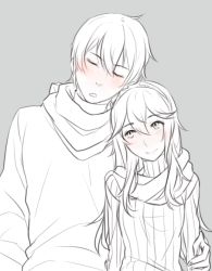 Rule 34 | 1boy, 1girl, blush, breasts, closed mouth, commentary, fire emblem, fire emblem awakening, graphite (medium), long hair, lucina (fire emblem), monochrome, nintendo, scarf, simple background, spot color, sweater, traditional media, tusia