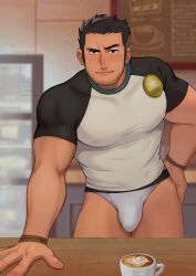 Rule 34 | 1boy, bara, black hair, black shirt, bulge, closed mouth, covered erect nipples, cup, facial hair, highres, indoors, large pectorals, looking at viewer, lucas lee, male focus, male underwear, muscular, muscular male, pectorals, scott pilgrim (series), scott pilgrim takes off, shirt, short hair, smile, solo, two-tone shirt, uhai, underwear, white male underwear, white shirt