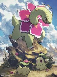 Rule 34 | arc draws, chikorita, claws, closed mouth, cloud, commentary request, creatures (company), day, flower, game freak, gen 2 pokemon, grass, highres, meganium, nintendo, no humans, open mouth, outdoors, pink flower, pokemon, pokemon (creature), sky, standing, yellow eyes