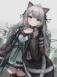 Rule 34 | 1girl, absurdres, ahoge, animal ear fluff, animal ears, arknights, black jacket, black thighhighs, blue eyes, book, book stack, cat ears, collarbone, commentary, dress, grey hair, highres, indoors, jacket, long hair, long sleeves, looking at viewer, mint (arknights), open clothes, open jacket, parted lips, puffy long sleeves, puffy sleeves, sleeves past wrists, solo, standing, teruriu, thighhighs, very long hair, white dress