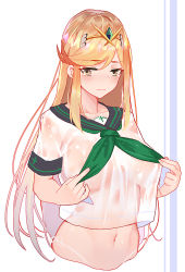 Rule 34 | 1girl, alternate costume, black sailor collar, blonde hair, breasts, brown eyes, embarrassed, gem, headpiece, large breasts, light frown, long hair, looking at viewer, mythra (xenoblade), navel, neckerchief, nintendo, no bra, panties, ribbon, sailor collar, see-through, shirt, short sleeves, side-tie panties, solo, stomach, swept bangs, tearing up, tears, two-tone background, underwear, upper body, wavy mouth, wet, wet clothes, wet shirt, white ribbon, white shirt, xenoblade chronicles (series), xenoblade chronicles 2, xiaoshou xiansheng
