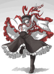 Rule 34 | 1girl, arm up, black footwear, black pantyhose, black skirt, bow, capelet, electricity, frilled skirt, frills, full body, grey hair, greyscale, hat, hat bow, hat ribbon, highres, long sleeves, looking at viewer, mazume, monochrome, nagae iku, pantyhose, parted lips, red bow, red eyes, red ribbon, ribbon, saturday night fever, shawl, shoes, short hair, skirt, smile, solo, spot color, standing, standing on one leg, touhou