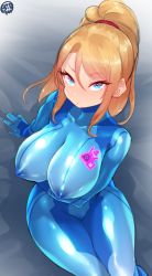 Rule 34 | 1girl, arm support, bad id, bad pixiv id, blonde hair, born-to-die, breasts, collarbone, covered erect nipples, eyes visible through hair, from above, glowing, hair between eyes, highres, large breasts, long hair, looking up, metroid, nintendo, samus aran, shiny clothes, sitting, skin tight, solo, swept bangs, zero suit