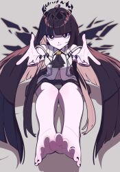 Rule 34 | 1girl, absurdres, ahoge, arknights, ascot, bare legs, barefoot, belt, black ascot, black eyes, black hair, black halo, black nails, black skirt, black wings, blunt bangs, breasts, broken halo, clothing cutout, collared jacket, commentary, dark halo, energy wings, feet, foot focus, foreshortening, full body, grey background, halo, highres, hime cut, jacket, legs, long hair, looking at viewer, medium breasts, nail polish, naughty face, navel, navel cutout, no shoes, open hands, palms, parted lips, applying pedicure, pointing, pointing at viewer, shadow, short-sleeved jacket, short sleeves, sidelocks, simple background, sitting, skirt, soles, solo, symbol-only commentary, thighs, toenail polish, toenails, toes, very long hair, virtuosa (arknights), wakamoto zenko, white belt, white jacket, wings