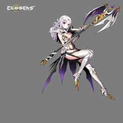 Rule 34 | 1girl, armor, closers, full body, highres, holding, levia (closers), long hair, official art, purple eyes, red star alliance, solo, weapon, white hair