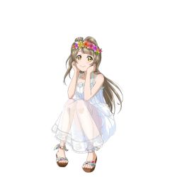 Rule 34 | 10s, 1girl, dress, feet, grey hair, head rest, head wreath, knees up, long hair, looking at viewer, love live!, love live! school idol festival, love live! school idol project, minami kotori, official art, one side up, sandals, see-through, sitting, smile, solo, sundress, toes, transparent background, yellow eyes