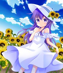 Rule 34 | 1girl, akatsuki (kancolle), alternate costume, bare shoulders, clothes lift, cloud, cloudy sky, commentary request, day, dress, flower, hat, kantai collection, kashiwadokoro, long hair, looking at viewer, outdoors, purple eyes, purple hair, skirt, skirt lift, sky, sleeveless, sleeveless dress, solo, sundress, sunflower, white dress