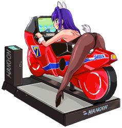 Rule 34 | 1girl, ass, bent over, blush, female focus, hang-on, high heels, motor vehicle, motorcycle, purple hair, sega, simple background, solo, white background
