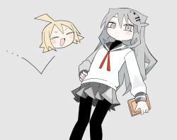 Rule 34 | &gt; &lt;, 2girls, abe tomomi, agoshi sakina, ahoge, arm at side, black pantyhose, black undershirt, blonde hair, blush, book, bouncing, closed mouth, expressionless, feet out of frame, fish hair ornament, grey background, grey eyes, grey hair, grey sailor collar, grey skirt, hair ornament, hairclip, hand on own hip, holding, holding book, long hair, long sleeves, looking at viewer, multiple girls, neck ribbon, null-meta, open mouth, pantyhose, pleated skirt, red ribbon, ribbon, sailor collar, school uniform, serafuku, severed head, simple background, skirt, smile, standing, uozumi kurumi