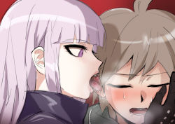Rule 34 | 2girls, ahoge, akisora, black gloves, blunt bangs, blush, brown hair, closed eyes, commentary request, danganronpa: trigger happy havoc, danganronpa (series), ear licking, from side, gloves, gradient background, hand on another&#039;s face, kirigiri kyoko, licking, multiple girls, naegi makoto, open mouth, profile, purple eyes, purple hair, red background, saliva, short hair, sweat, teeth, tongue, tongue out