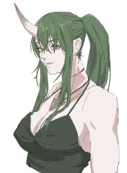 Rule 34 | 1girl, arknights, bare shoulders, breasts, cleavage, ganamiya8, green hair, green tank top, halterneck, high ponytail, highres, horns, hoshiguma (arknights), jewelry, large breasts, neck ribbon, necklace, ribbon, sidelocks, single horn, skin-covered horns, tank top, white background, yellow eyes
