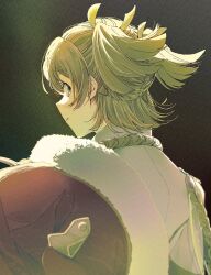 Rule 34 | 1girl, aiguillette, arm at side, black background, blonde hair, daiba nana, epaulettes, film grain, from behind, fur-trimmed jacket, fur trim, gradient background, green eyes, hair between eyes, hair ribbon, highres, jacket, jacket on shoulders, light smile, long sleeves, looking at viewer, looking back, nori (cheiwbciwkxbdjr), parted lips, profile, red jacket, ribbon, short hair, short twintails, shoujo kageki revue starlight, sideways glance, solo, twintails, upper body, white jacket, yellow ribbon