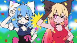 &gt;_o +_+ 2girls :3 animal_ear_fluff animal_ears arm_up back_bow black_corset blonde_hair blue_eyes blue_hair blue_sky blurry blurry_background bow breasts choker cleavage cloud cloudy_sky colored_skin commentary confetti corset detached_sleeves dress english_commentary gradient_hair grin hair_between_eyes hand_on_own_hip indie_virtual_youtuber large_breasts long_hair looking_at_viewer luna_(wolfychu) medium_breasts mesmerizer_(vocaloid) multicolored_hair multiple_girls no_nose one_eye_closed parody pink_bow pink_eyes puffy_detached_sleeves puffy_sleeves red_hair red_tank_top salute short_hair side-by-side sky smile star-shaped_pupils star_(symbol) symbol-shaped_pupils tan tank_top tridecagram two-finger_salute upper_body virtual_youtuber white_sleeves wolf_ears wolf_girl wolfychu wolfychu_(artist) yellow_star