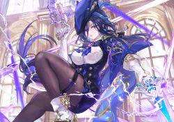 Rule 34 | 1girl, ascot, black corset, blue ascot, blue cape, blue hair, blue hat, breasts, button gap, cape, clorinde (genshin impact), corset, dangle earrings, dark blue hair, earrings, electricity, epaulettes, fold-over gloves, garter straps, genshin impact, gloves, gun, hat, hat feather, highres, holding, holding gun, holding sword, holding weapon, jewelry, large breasts, long hair, low ponytail, pantyhose, purple ascot, purple eyes, solo, sword, thigh strap, tricorne, vardan, very long hair, vision (genshin impact), weapon, white gloves, window