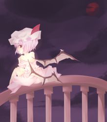 Rule 34 | 1girl, back, bad id, balcony, bare shoulders, bat wings, closed mouth, cloud, cloudy sky, female focus, full body, full moon, hat, light purple hair, looking at viewer, looking back, mob cap, moon, nayuta (artist), nayuta (scarlet-noize), night, night sky, pink shirt, pink skirt, red eyes, red moon, remilia scarlet, shirt, short hair, sitting, skirt, sky, solo, touhou, wings