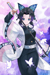 Rule 34 | 1girl, absurdres, belt, black dress, black hair, breasts, bug, butterfly, butterfly hair ornament, closed mouth, dress, grey eyes, hair intakes, hair ornament, haori, highres, holding, holding sword, holding weapon, huge filesize, insect, japanese clothes, katana, kimetsu no yaiba, kochou shinobu, light smile, looking at viewer, medium breasts, sheath, short hair, solo, sword, sylph kim, weapon, white belt, white butterfly