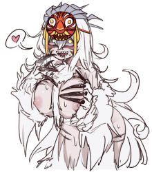 Rule 34 | 1girl, :d, blush stickers, breasts, claws, crossed bangs, drooling, facial mark, fur, hair between eyes, hands up, heart, highres, large breasts, long hair, looking at viewer, mask, mask on head, nipples, no pupils, nyong nyong, open mouth, original, saliva, sharp teeth, simple background, smile, solo, speech bubble, spoken heart, sweat, teeth, very long hair, whisker markings, white background, white hair, yellow eyes