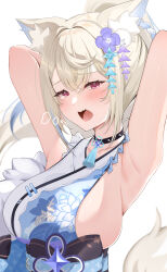 Rule 34 | 1girl, absurdres, animal ear fluff, animal ears, arms behind head, belt, black collar, black sash, blonde hair, blue belt, blue hair, blue kimono, blush, breasts, collar, dog ears, dog girl, dog tail, fang, floral print kimono, fuwawa abyssgard, fuwawa abyssgard (new year), highres, hololive, hololive english, japanese clothes, kimono, large breasts, long hair, looking at viewer, mogmog megmog, multicolored hair, obi, official alternate costume, open mouth, pink eyes, ponytail, sash, sideboob, sideless kimono, skin fang, sleeveless, sleeveless kimono, solo, spiked collar, spikes, streaked hair, tail, virtual youtuber, white background