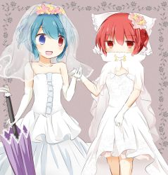 Rule 34 | 2girls, :d, bare shoulders, blue eyes, blue hair, bow, bridal veil, cloak, covered mouth, cowboy shot, dress, elbow gloves, female focus, flower, gloves, grey background, hair bow, hair flower, hair ornament, heterochromia, highres, holding, holding clothes, holding dress, holding hands, holding umbrella, looking at another, looking at viewer, matching hair/eyes, multiple girls, off-shoulder dress, off shoulder, open mouth, puchimirin, purple umbrella, red eyes, red hair, sekibanki, short hair, smile, standing, tatara kogasa, touhou, umbrella, veil, wedding, wedding dress, white bow, white gloves, yuri