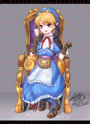 Rule 34 | 1girl, absurdres, apron, blonde hair, blue hat, brown bag, cape, chair, commission, condom, cum, cum on clothes, curly hair, dated, dress, fang, full body, gloves, goggles, goggles on head, hat, highres, long hair, looking at viewer, marivel armitage, miura hajime, open mouth, pointy ears, red eyes, simple background, skeb commission, smile, solo, used condom, vampire, wild arms, wild arms 2