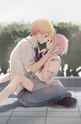 Rule 34 | 1boy, 1girl, absurdres, blonde hair, blue pants, blurry, blurry background, bush, face-to-face, grey shirt, hands on another&#039;s head, highres, kamiyama high school uniform (project sekai), momomo (m0 3), neckerchief, necktie, ootori emu, open mouth, outdoors, pants, pink eyes, pink hair, project sekai, red neckerchief, sailor collar, school uniform, shirt, shirt tucked in, short sleeves, sitting, tenma tsukasa, white legwear, white sailor collar, white shirt