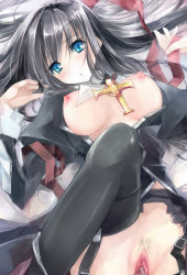 Rule 34 | 1girl, bad id, bad pixiv id, black hair, blue eyes, blush, breasts, censored, cross, cross necklace, female pubic hair, garter belt, garter straps, indoors, jewelry, large breasts, long hair, looking at viewer, lying, mosaic censoring, necklace, nipples, no bra, no panties, open clothes, open shirt, pubic hair, pussy, shirt, solo, thighhighs, yudesoba